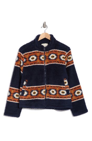 Shop Lucky Brand Geo Print Faux Fur Zip Jacket In Navy Multi