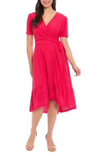 London Times Stretch Eyelet Short Sleeve Ruffle Wrap Dress In Rose Red