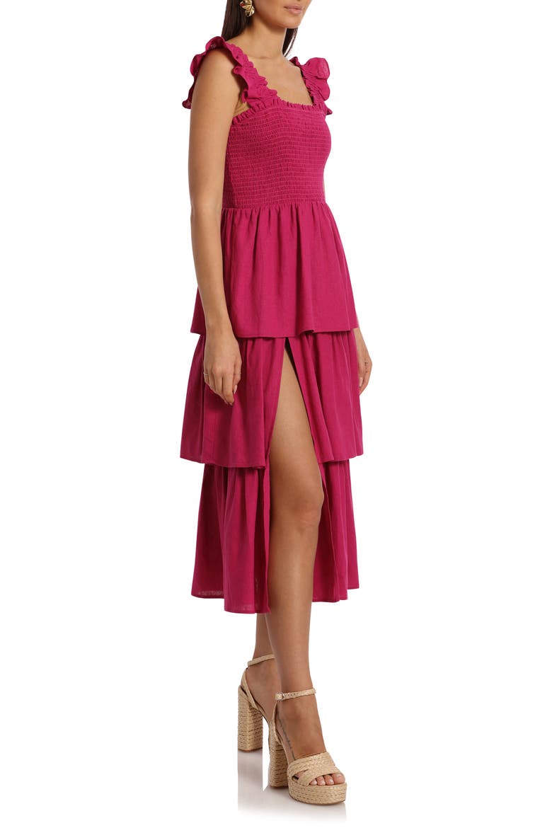 Smocked Tiered Linen Blend Sundress, Alternate, color, MAGENTA
