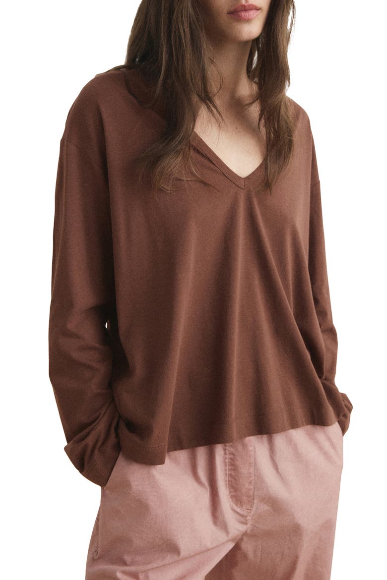 Long Sleeve Cotton V-Neck Pajama Top, Main, color, BROWN