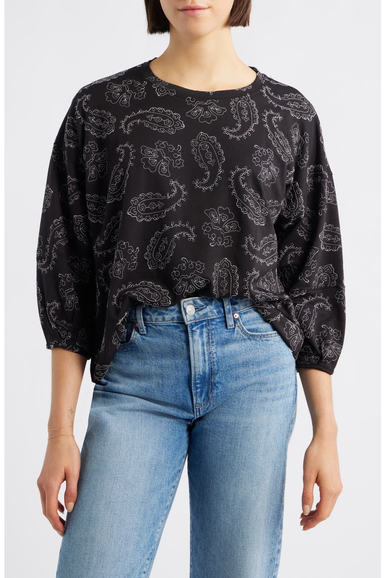 Embroidered Puff Sleeve Top, Main, color, WHITE PAISLEY QUILT