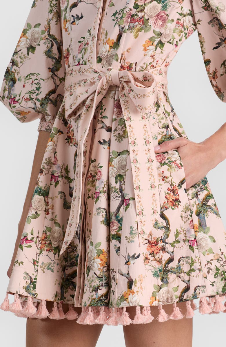 Alice + Olivia Lucy Floral Print Tie Waist Minidress, Alternate, color, Sunset Grove English Rose