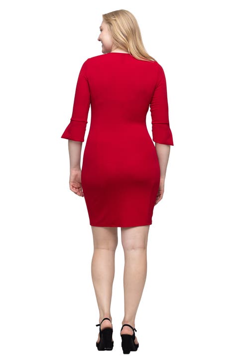 24seven Comfort Apparel Plus Size Three Quarter Sleeve Mini Dress In Red