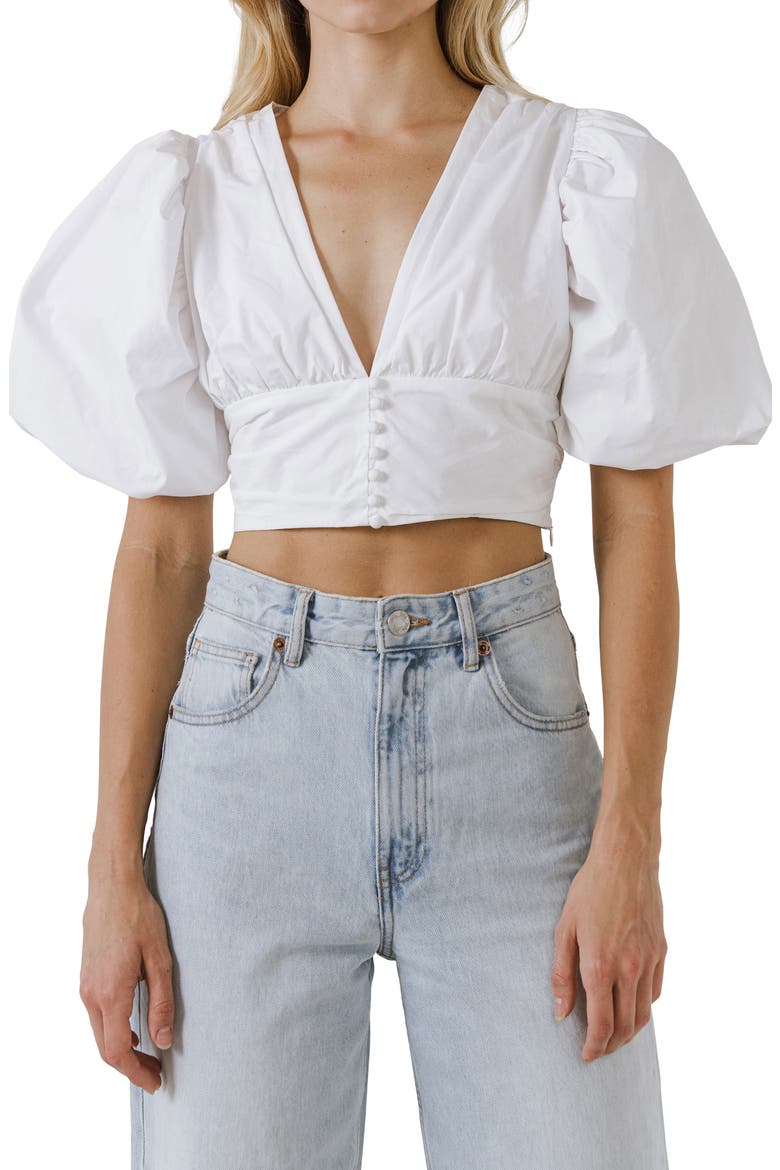 Puff Sleeve Corset Crop Top, Alternate, color, WHITE