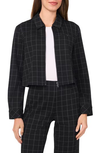 Halogen ® Windowpane Check Crop Zip-up Jacket In Black