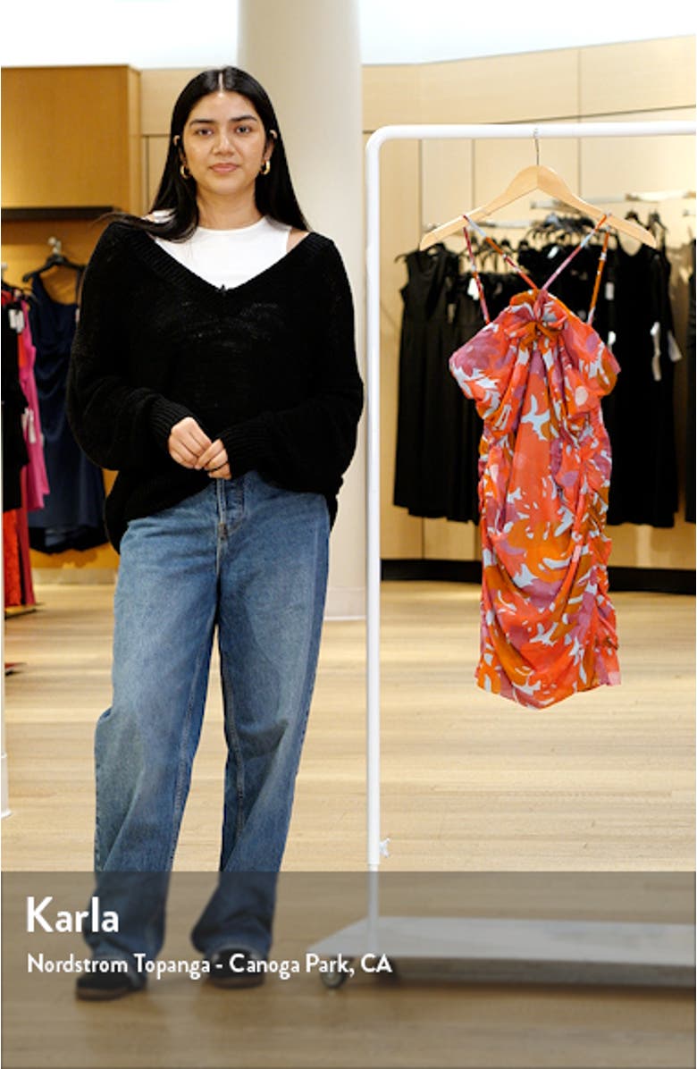 Zuri Floral Ruched Rosette Minidress, sales video thumbnail