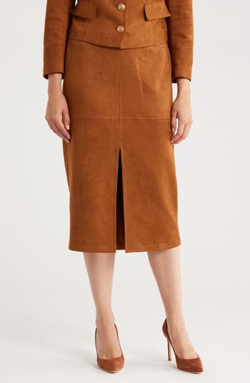 Gemma + Jane Faux Suede Pencil Skirt In Brown