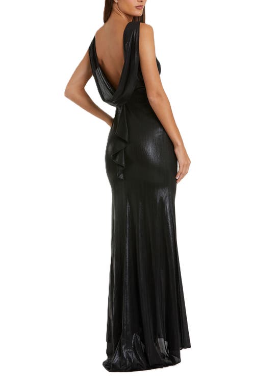 Mac Duggal Metallic Cowl Back Column Gown In Black