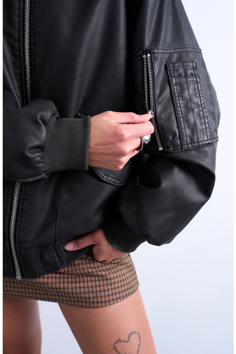 Oversize Faux Leather Bomber Jacket, Alternate, color, BLACK