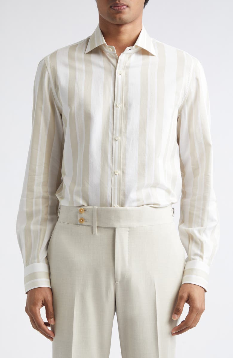 ISAIA Stripe Cotton & Silk Button-Up Shirt, Main, color, White Beige