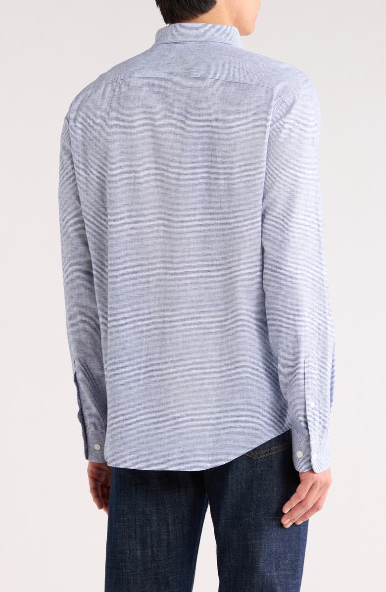 Original Penguin Stripe Stretch Linen & Cotton Button-Down Shirt, Alternate, color, Mazarine Blue