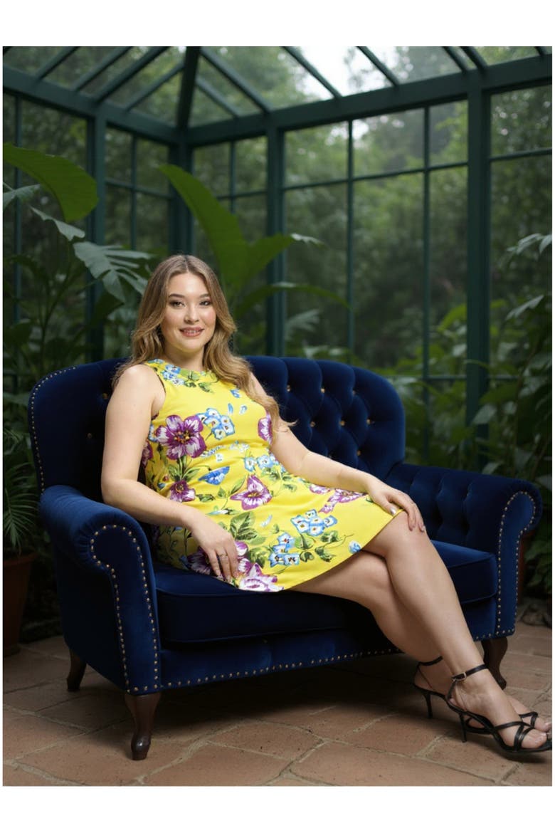 Plus Size Yellow Floral Round Neck Sleeveless A-Line Mini Shift Dress, Alternate, color, Yellow Multi