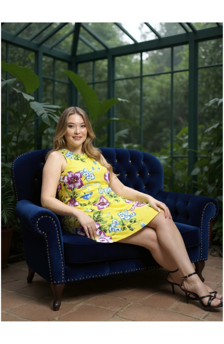 24seven Comfort Apparel Plus Size Yellow Floral Round Neck Sleeveless A-Line Mini Shift Dress, Alternate, color, Yellow Multi