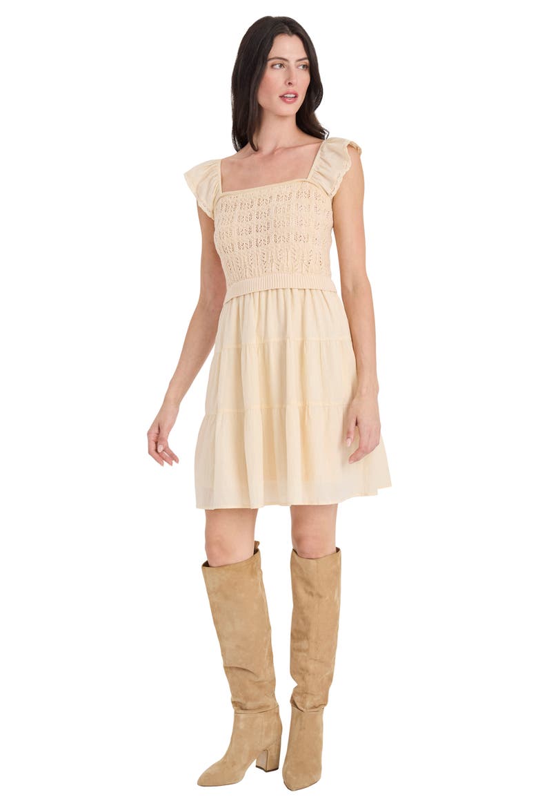 Flutter Sleeve Mixed Media Cotton Minidress, Alternate, color, CREAM