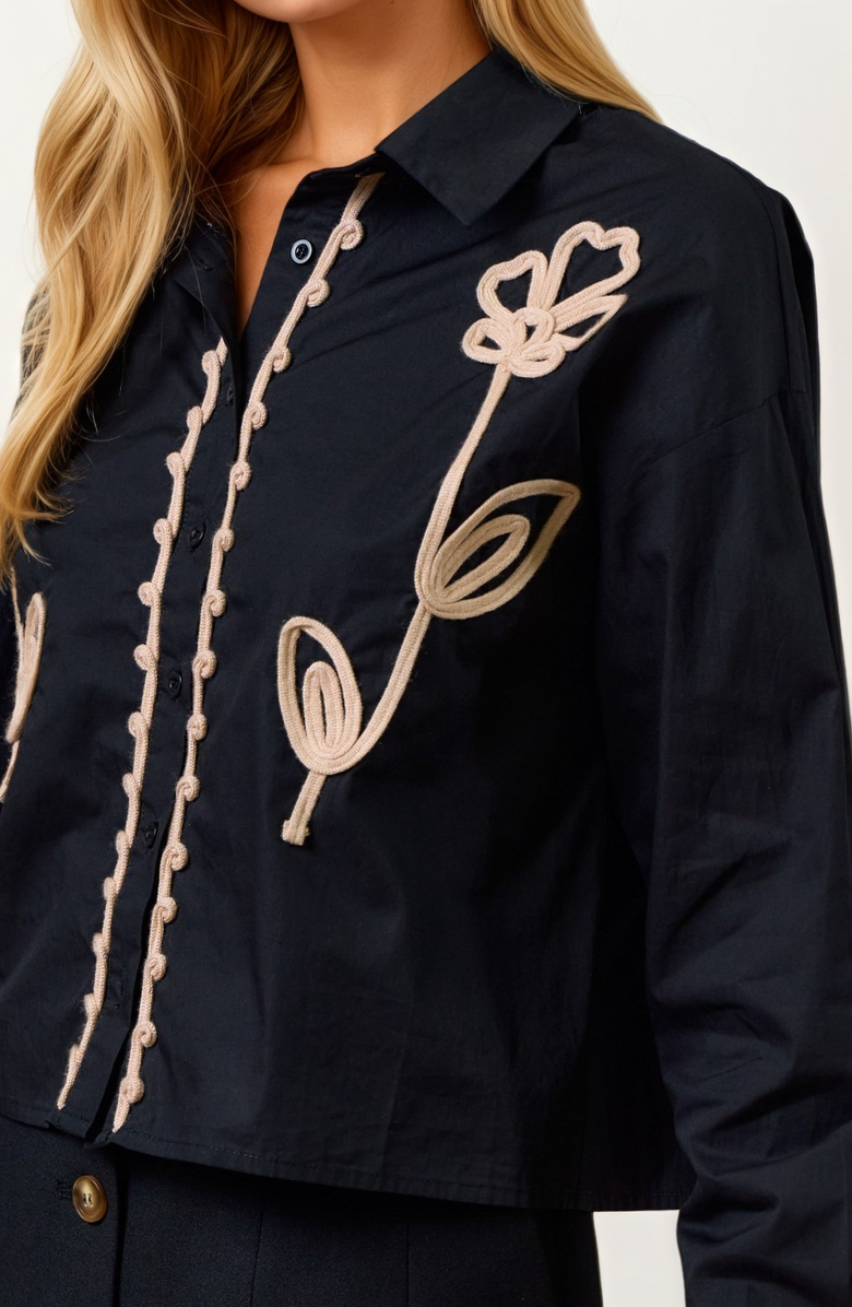 Knit and Lounge Embroidered Long Sleeve Button Front Blouse, Alternate, color,