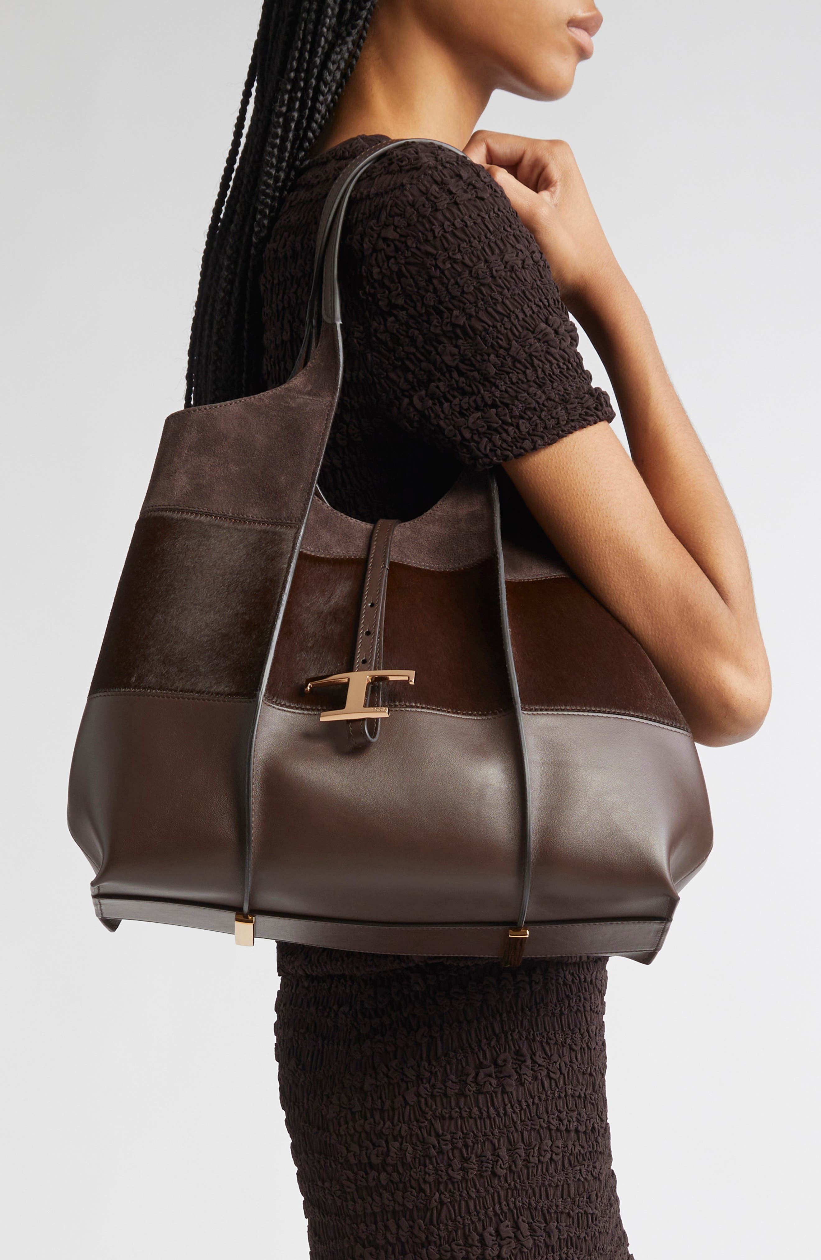 Tod's Medium TSB Suede & Genuine Calf Hair Tote, Alternate, color, Marr Rock/ Caffe/ Marr Afr