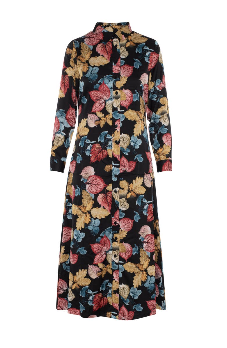 Coco de la Mour Satin Long Sleeve Button-Down Midi Shirt Dress, Main, color, Black Leafs