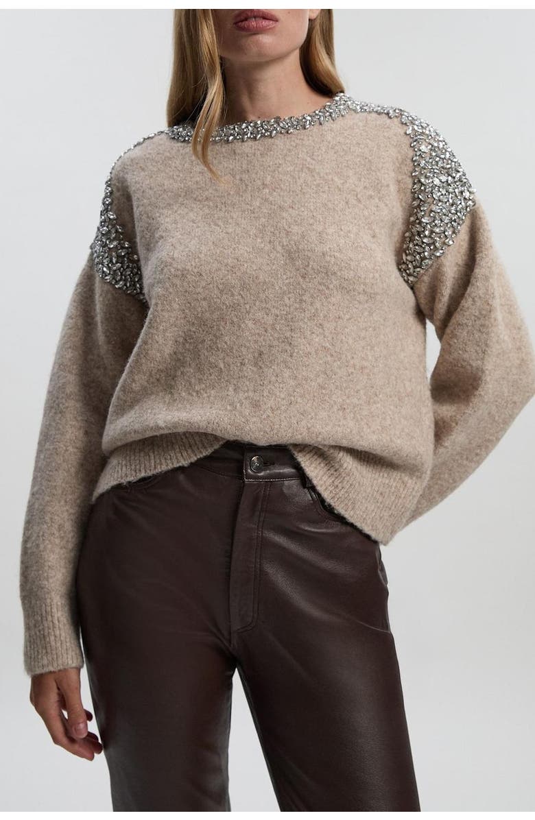 Karen Millen Embellished Trim Cosy Knit Jumper, Alternate, color, Oatmeal