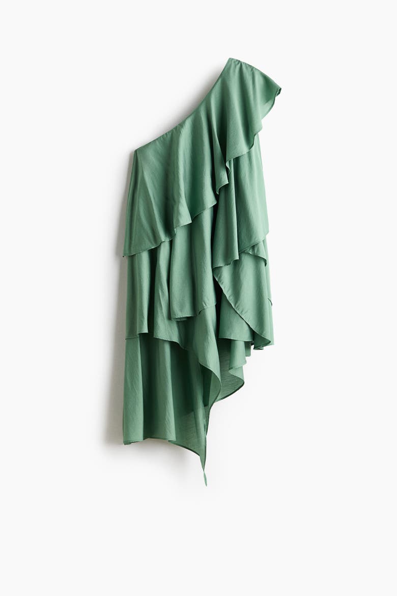 Flounced One-shoulder Dress, Alternate, color, Dusty green