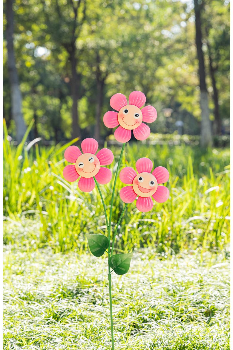 36"H Garden Metal Triple Happy Face Flower Yardstake or Wall Decor, Alternate, color, Pink