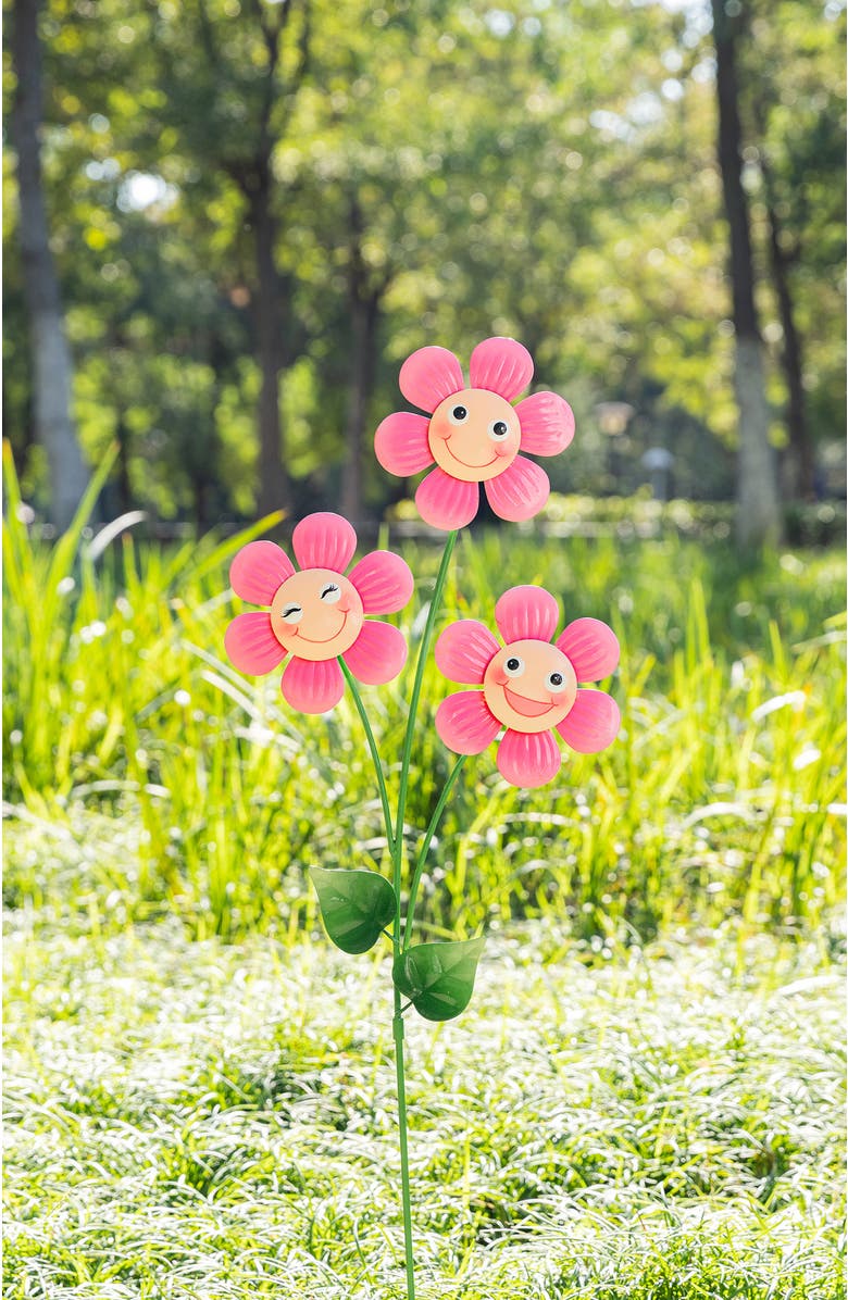 Glitzhome 36"H Garden Metal Triple Happy Face Flower Yardstake or Wall Decor, Alternate, color, Pink