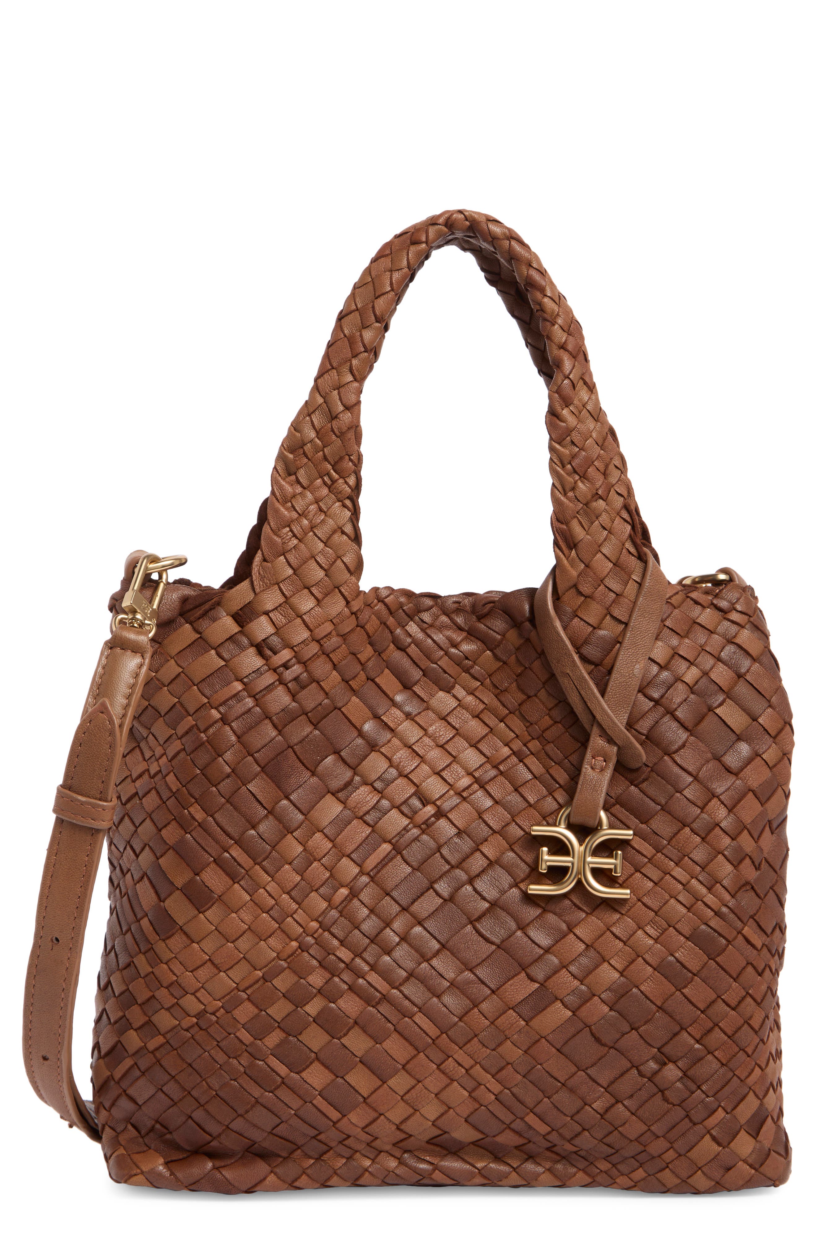 Small Priya Woven Leather Tote, Main, color, BRANDY