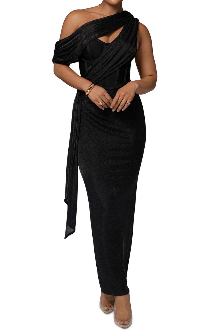 CELESTINA DRAPED MAXI DRESS, Main, color, BLACK