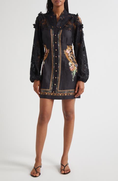 Noble Endeavors Lace Long Sleeve Linen & Silk Mini Shirtdress