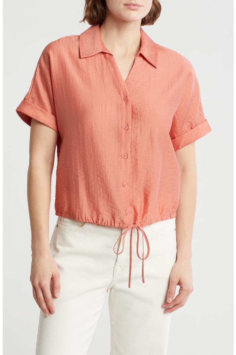 Short Sleeve Tie Hem Button-Up Shirt, Main, color, DESERT ROSE