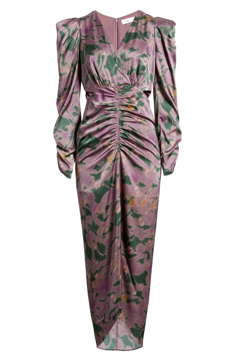 FLORET STUDIOS Cutout Ruched Long Sleeve Satin Dress, Alternate, color, 