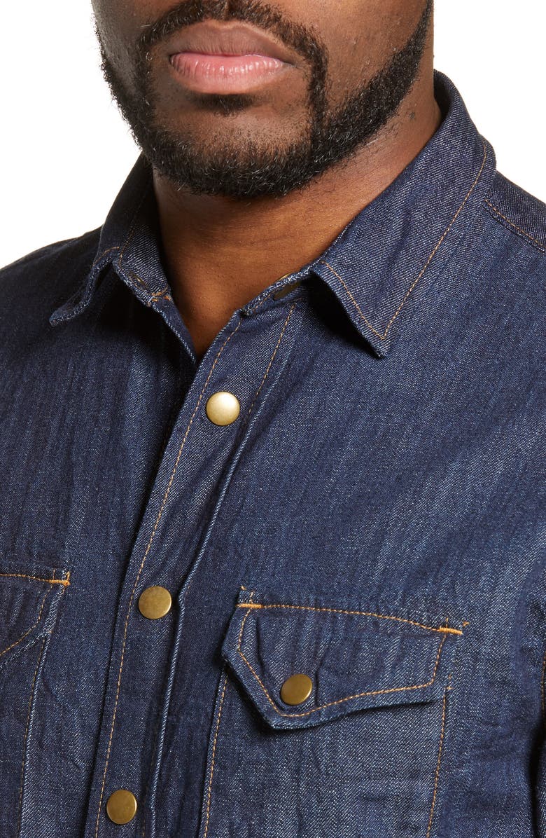 Billy Reid Distressed Denim Slim Fit Western Shirt, Alternate, color,