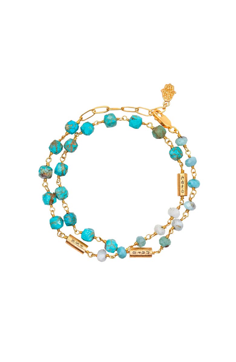 Karma and Luck Soothing Abundance Turquoise Larimar Mantra Wrap Bracelet, Main, color, Turquoise/Gold