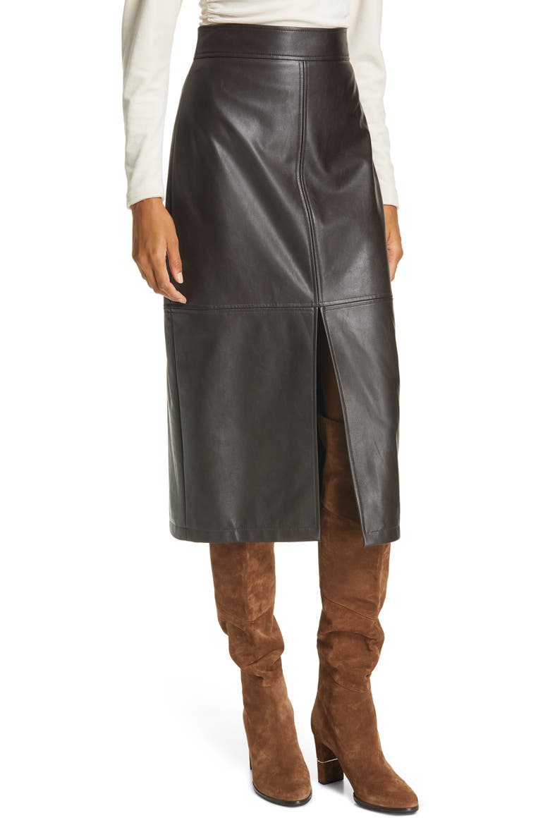 Moss Front Slit Faux Leather Skirt, Main, color, CAROB