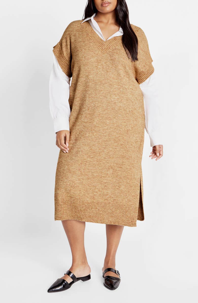 City Chic Gloria Layered Long Sleeve Knit Dress, Main, color, Caramel