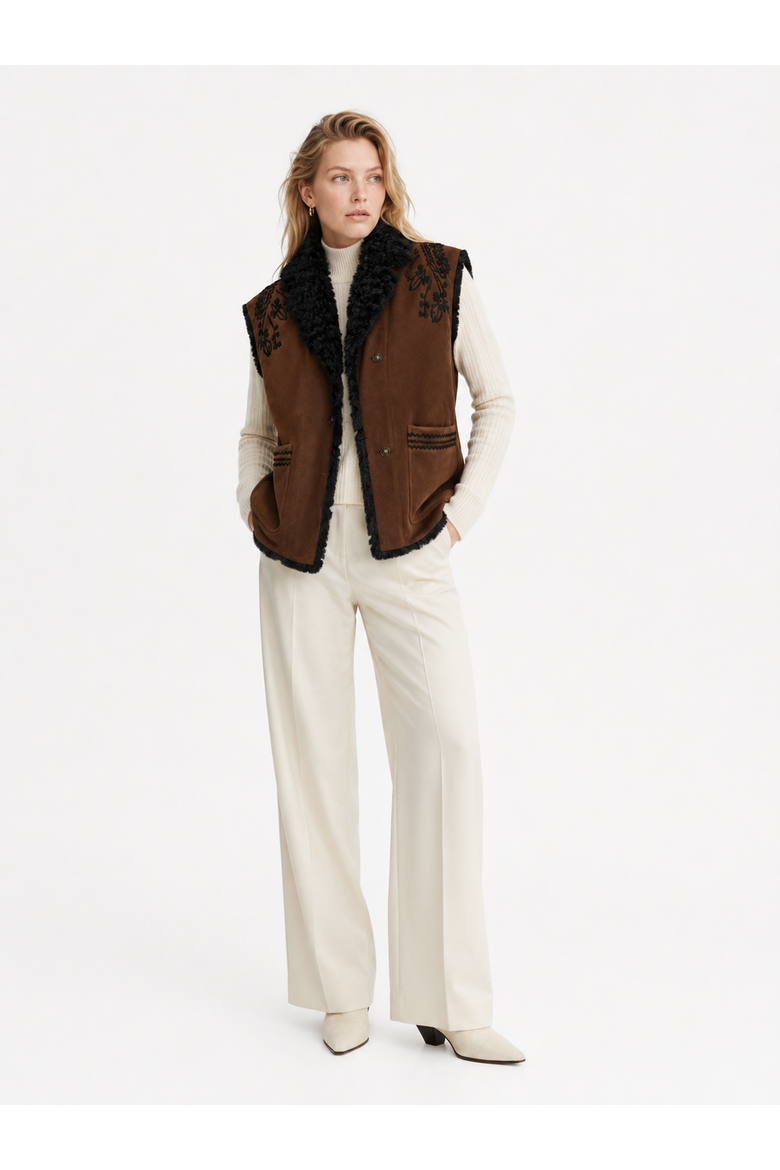 Cadenza Merino Curly Shearling Long Vest with Embroidery, Alternate, color, Black/Brown