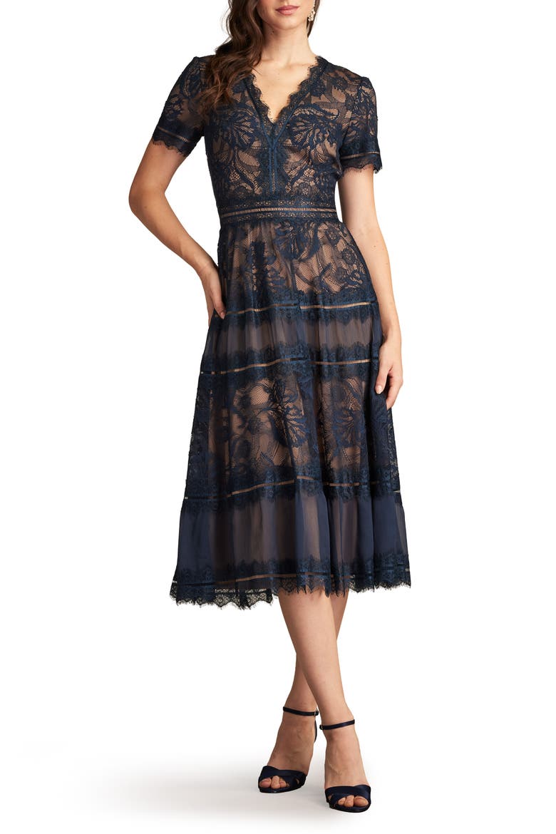 Lace & Mesh Midi Cocktail Dress, Main, color, NAVY/ NUDE