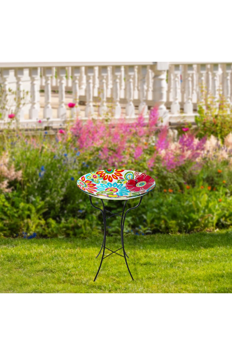 Northlight 18" Pastel Pink and Blue Flowers Hand Painted Glass Outdoor Patio Bird Bath, Alternate, color, Blue