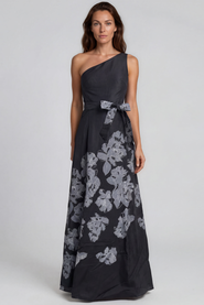 Rene Ruiz One Shoulder Floral Boarder Print Mikado A-Line Gown