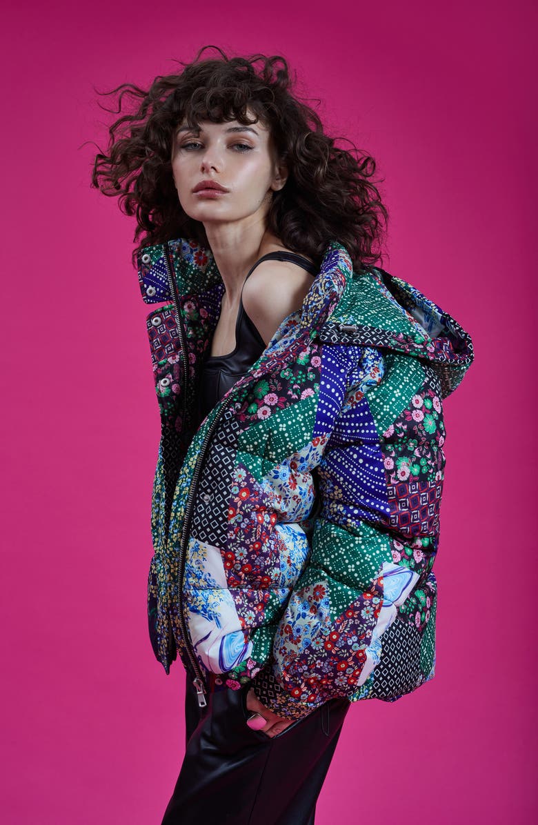Avec Les Filles Patchwork Quilted Hooded Puffer Coat, Alternate, color, Multi Patchwork