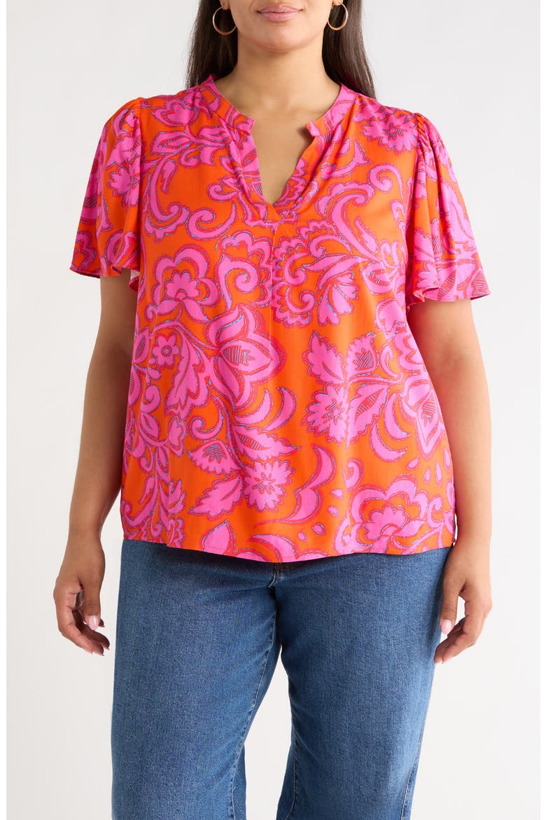Marinda Floral Print Flutter Sleeve Top, Main, color, ORANGE-FUCHSIA