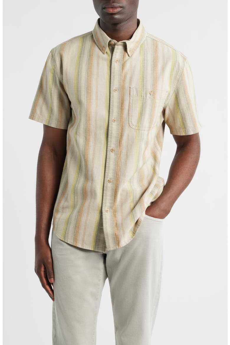 Bayside Stripe Short Sleeve Cotton Button-Down Shirt, Main, color, TAN MULTI STRIPE