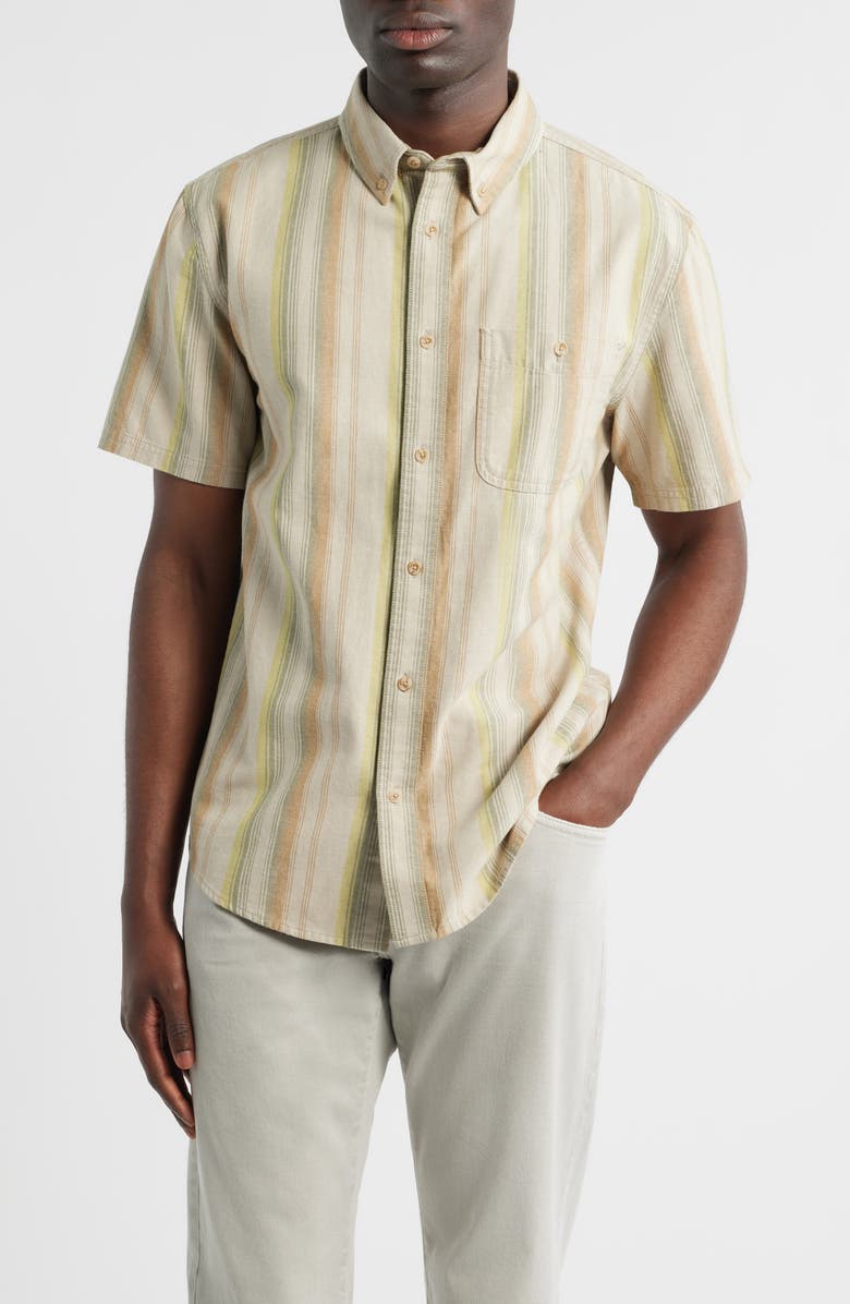 Pendleton Bayside Stripe Short Sleeve Cotton Button-Down Shirt, Main, color, Tan Multi Stripe