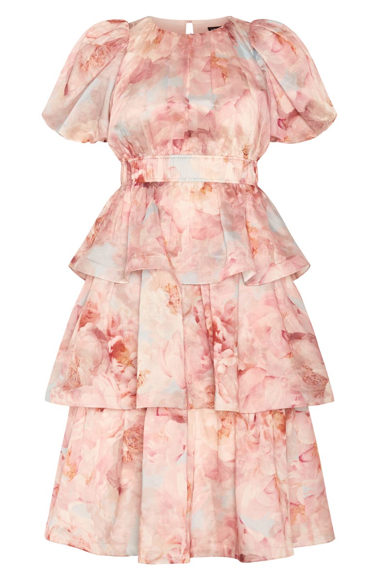 City Chic Heavenly Floral Puff Sleeve Tiered Midi Dress, Alternate, color, Floral Dreams