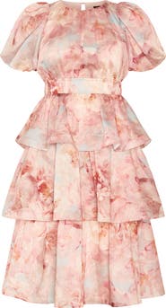 City Chic Heavenly Floral Puff Sleeve Tiered Midi Dress