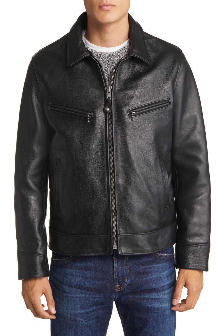 Leather Moto Jacket with Genuine Shearling Trim, Alternate, color, BLACK