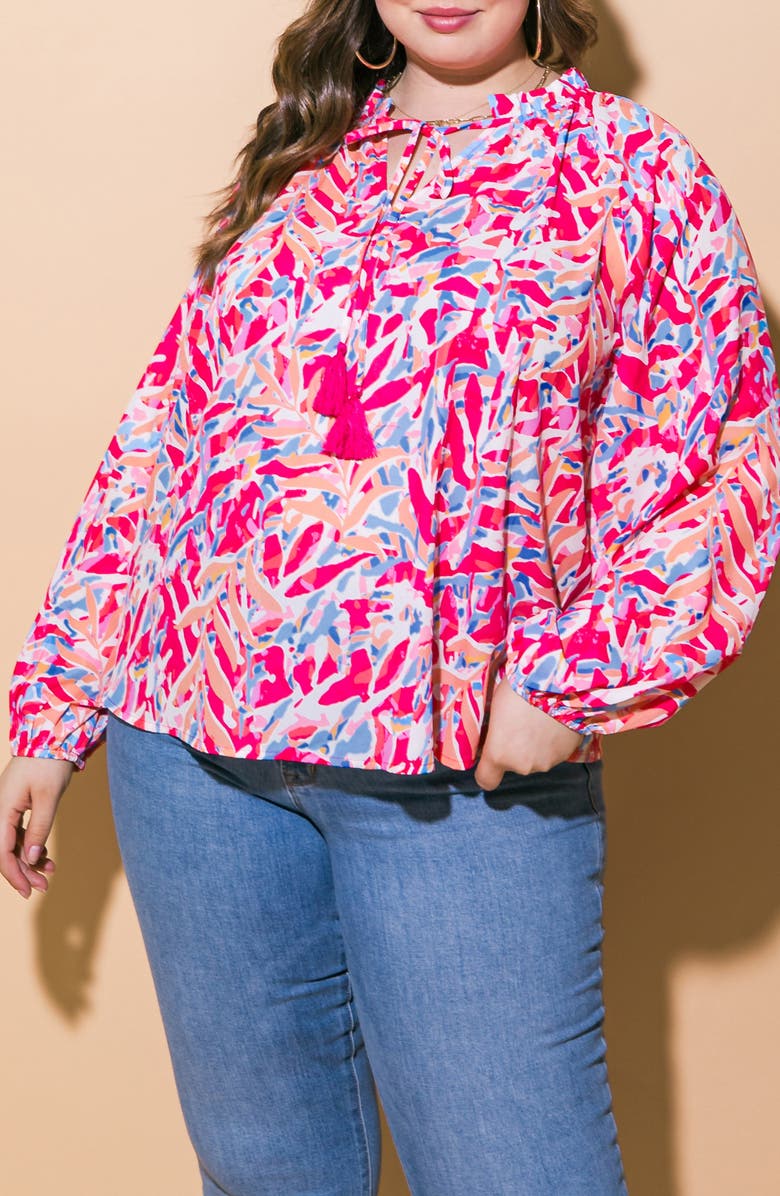 FLYING TOMATO Keyhole Long Sleeve Top, Alternate, color, Fuchsia Blue