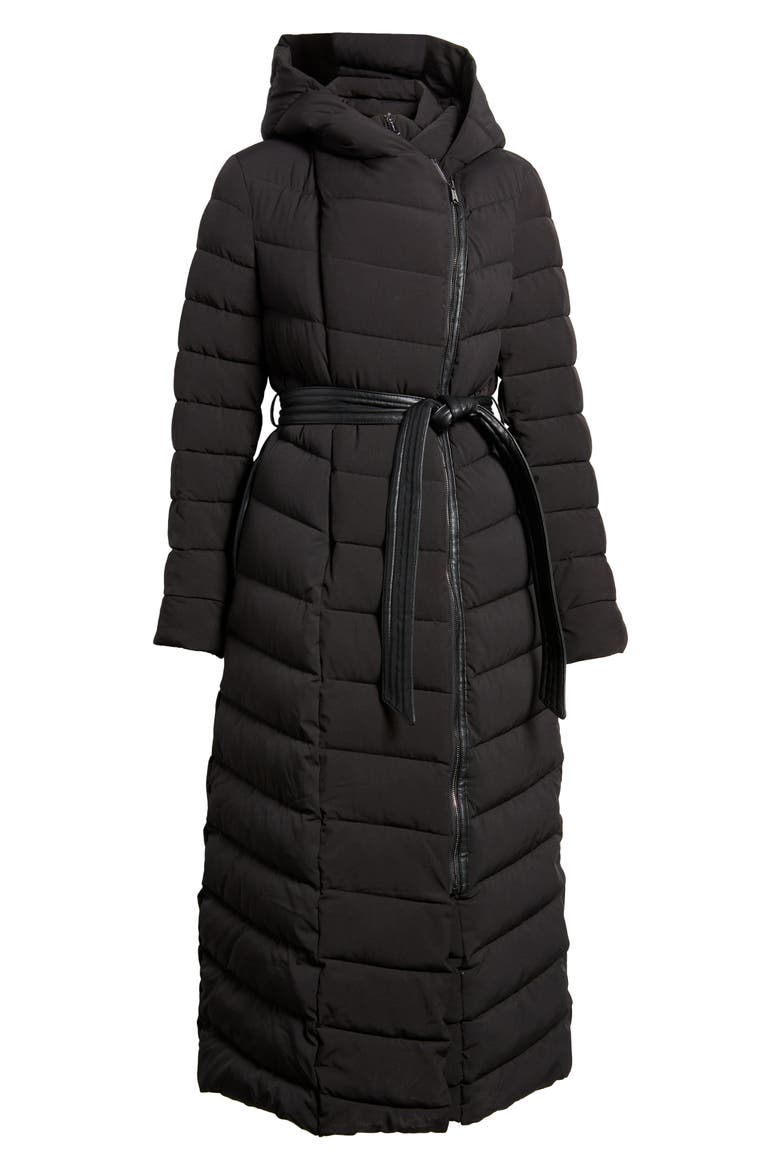 Belted Longline Hooded Puffer Jacket with Removable Bib, Alternate, color, BLACK