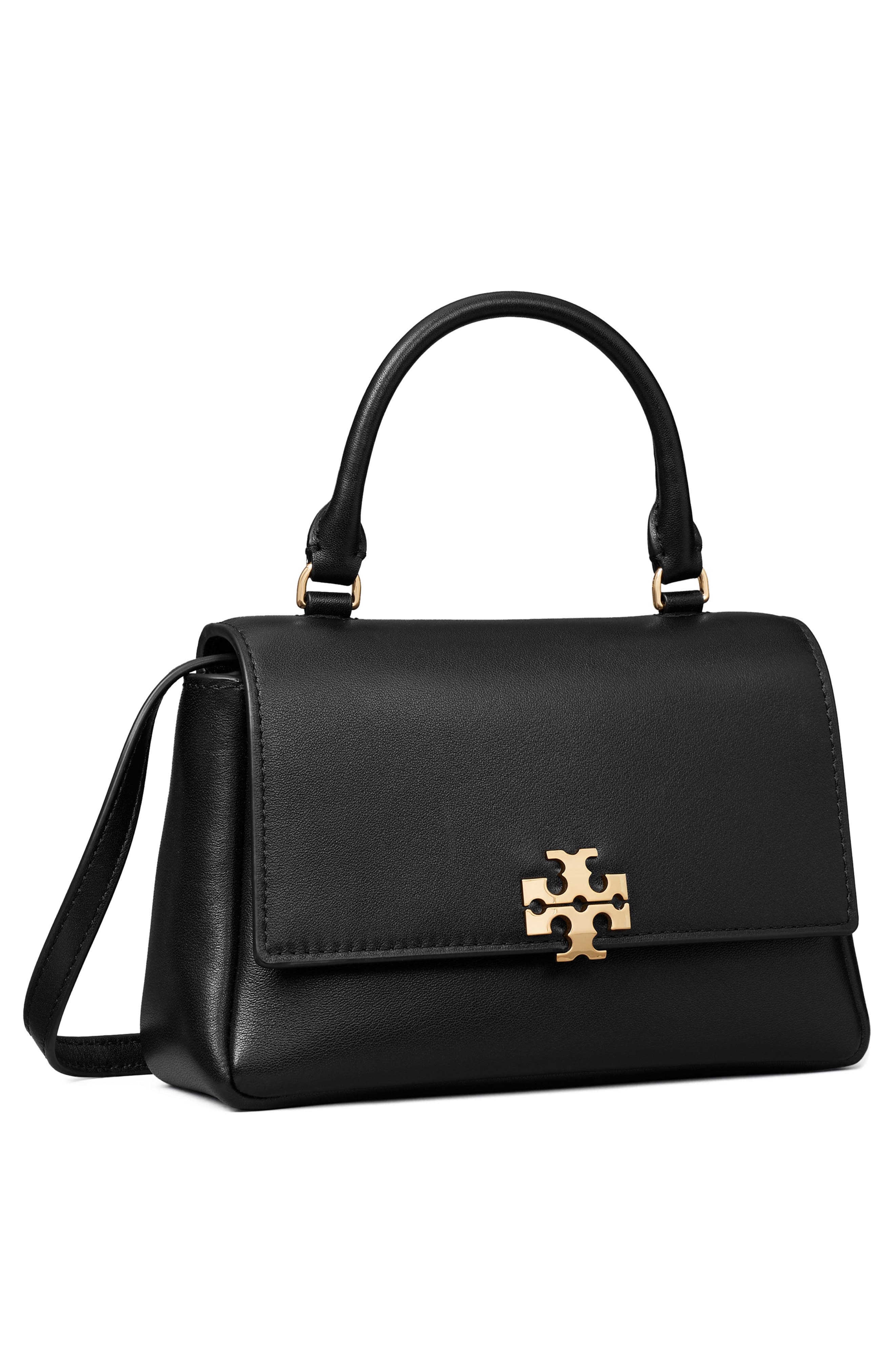Tory Burch Charlie Leather Top Handle Bag, Alternate, color, Black