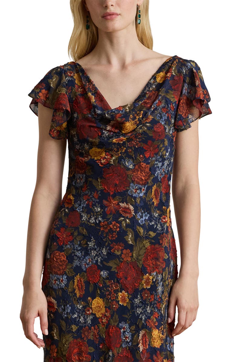 Lauren Ralph Lauren Floral Clipped Jacquard Cowl Neck Gown, Alternate, color, Navy Multi