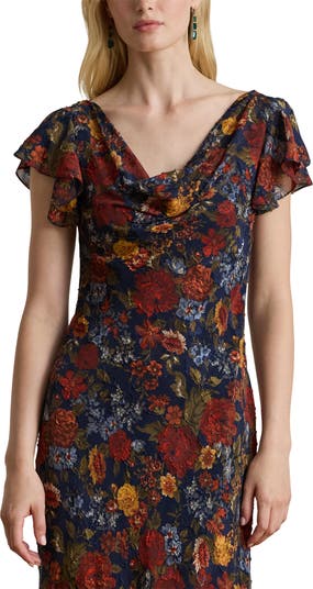 Lauren Ralph Lauren Floral Clipped Jacquard Cowl Neck Gown